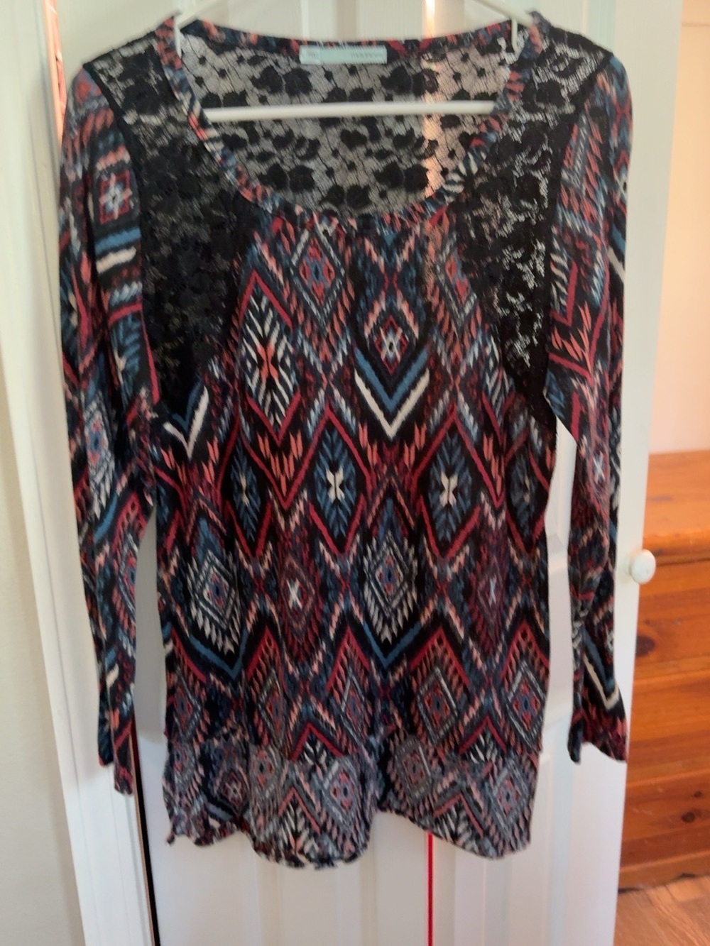 Maurices Large Boho Aztec Print Black Lace Long Sleeve Top